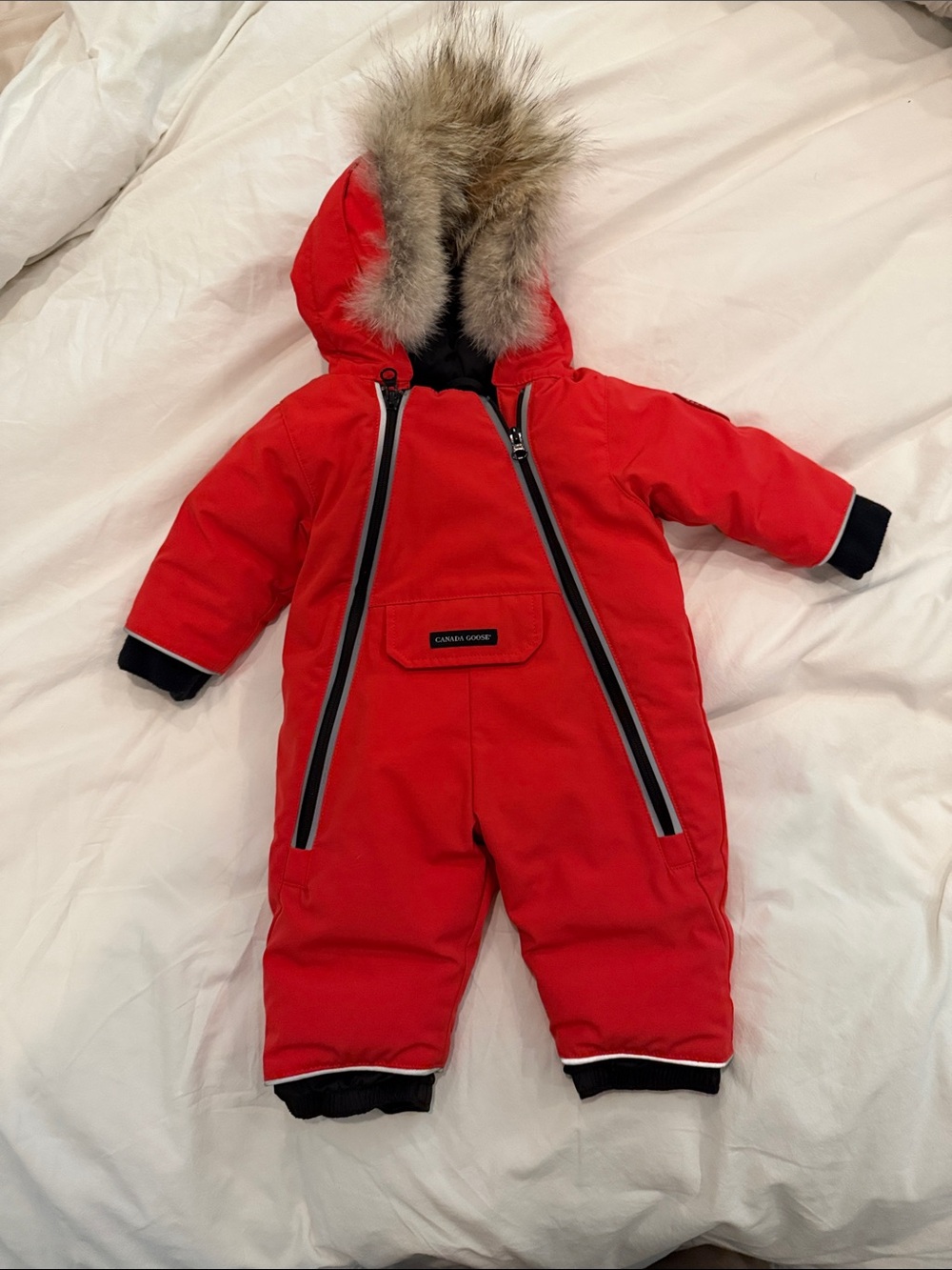 Canada Goose Red Infant Insulated One-Piece Snowsuit with Fur-Trim Hood